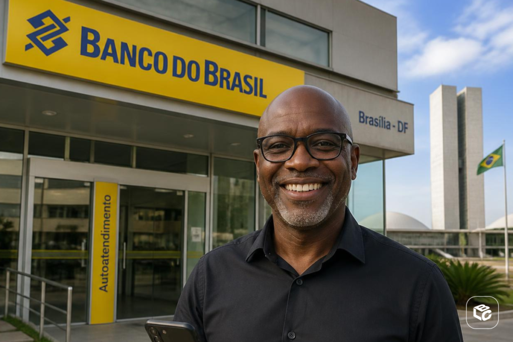 Man smiles in front of Banco do Brasil building with Brasilia landmarks