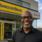 Man smiles in front of Banco do Brasil building with Brasilia landmarks